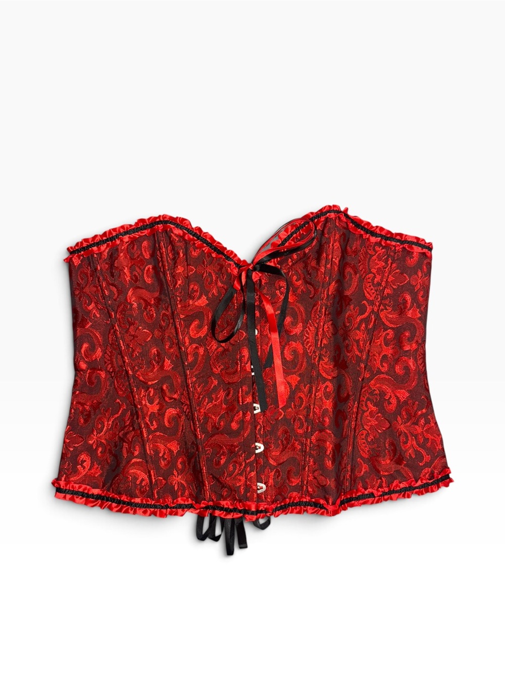 Women’s 5XL Red Black Brocade Corset Bustier Lace Up Boned Lingerie Top